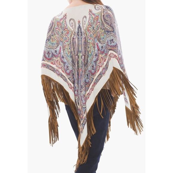 Chico’s Paisley Triangle Poncho, Faux Suede Trim, One Size Fits All - Picture 2 of 8